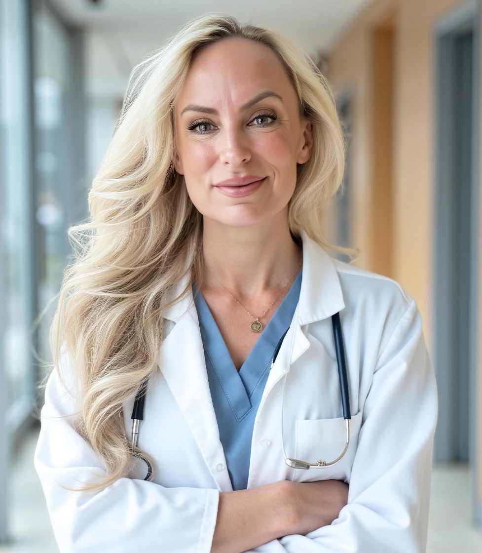 a woman wearing glasses and smiling at the camera